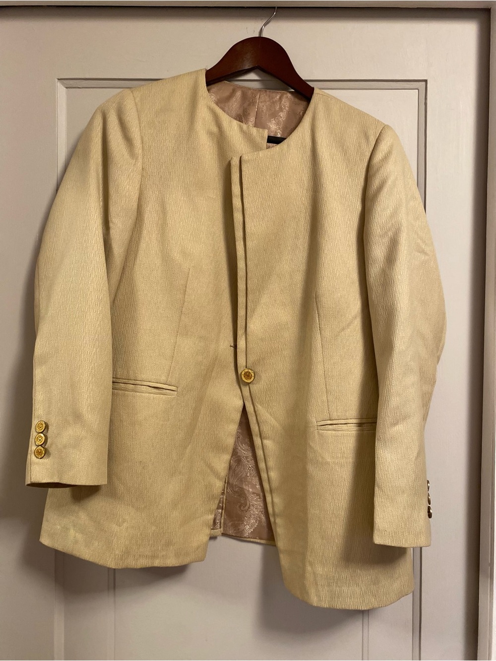 Women’s Cream Gold Collarless Blazer Single-Button Suit Jacket & Matching Skirt